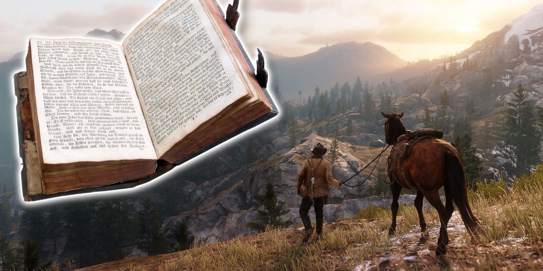 Image from Red Dead Redmrption 2 showing Arthur Morgan looking into a valley with a giant floating book in the air.