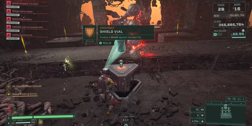 Selene picking up a Shield Vial in the Tower of Sisyphus in Returnal.