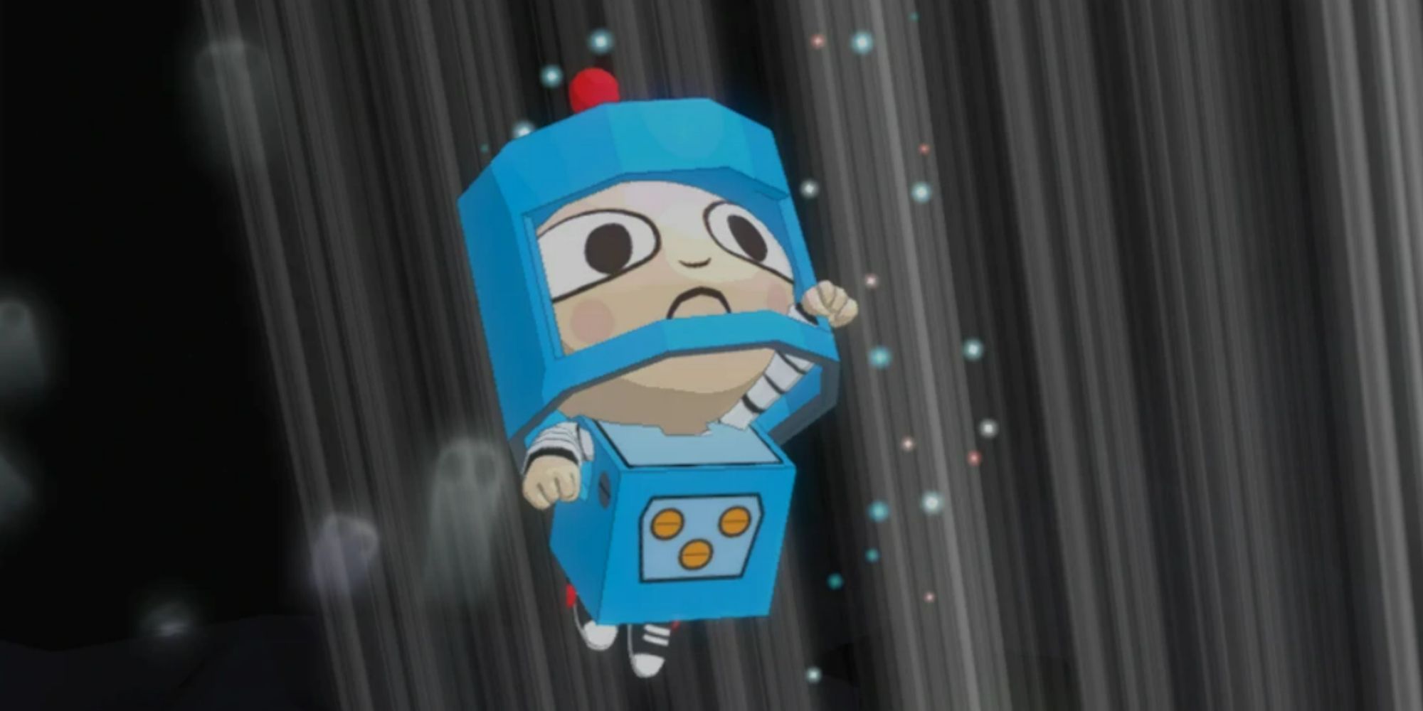 reynold wearing the blue robot costume in battle