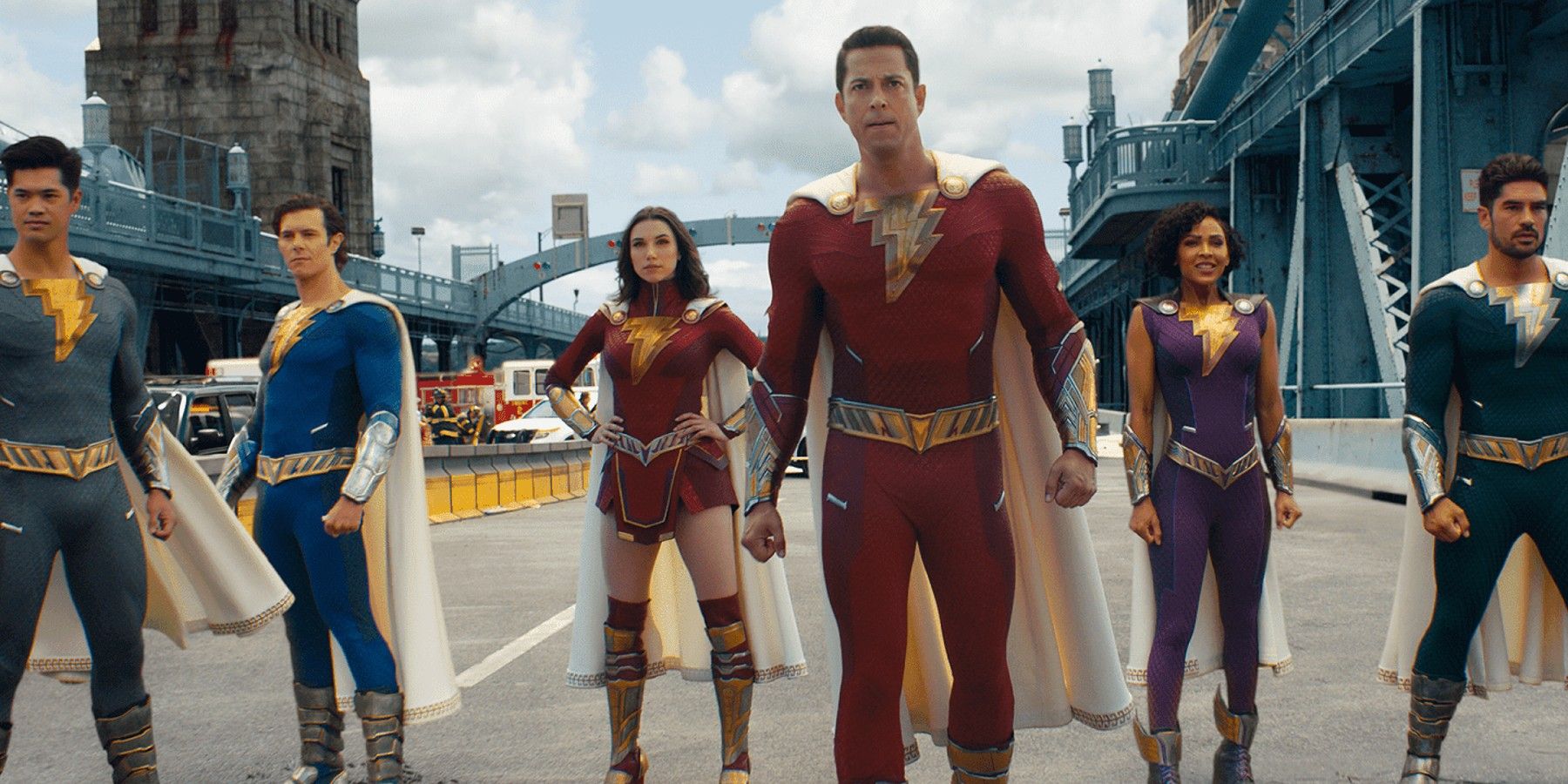 The Shazam family on the bridge in Shazam Fury Of The Gods