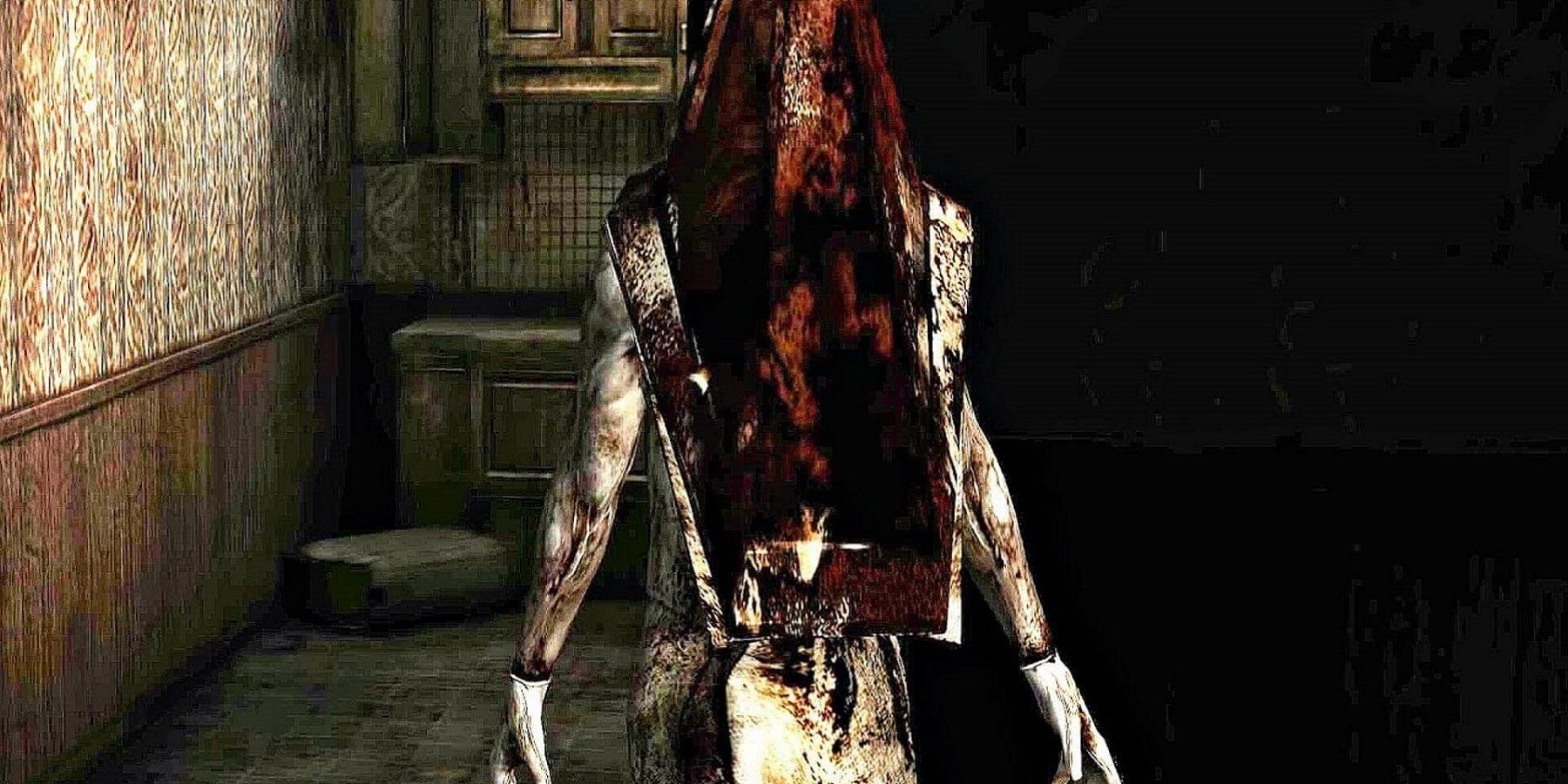 Screenshot from Silent Hill 2 showing Pyramid Head in a grimy apartment.