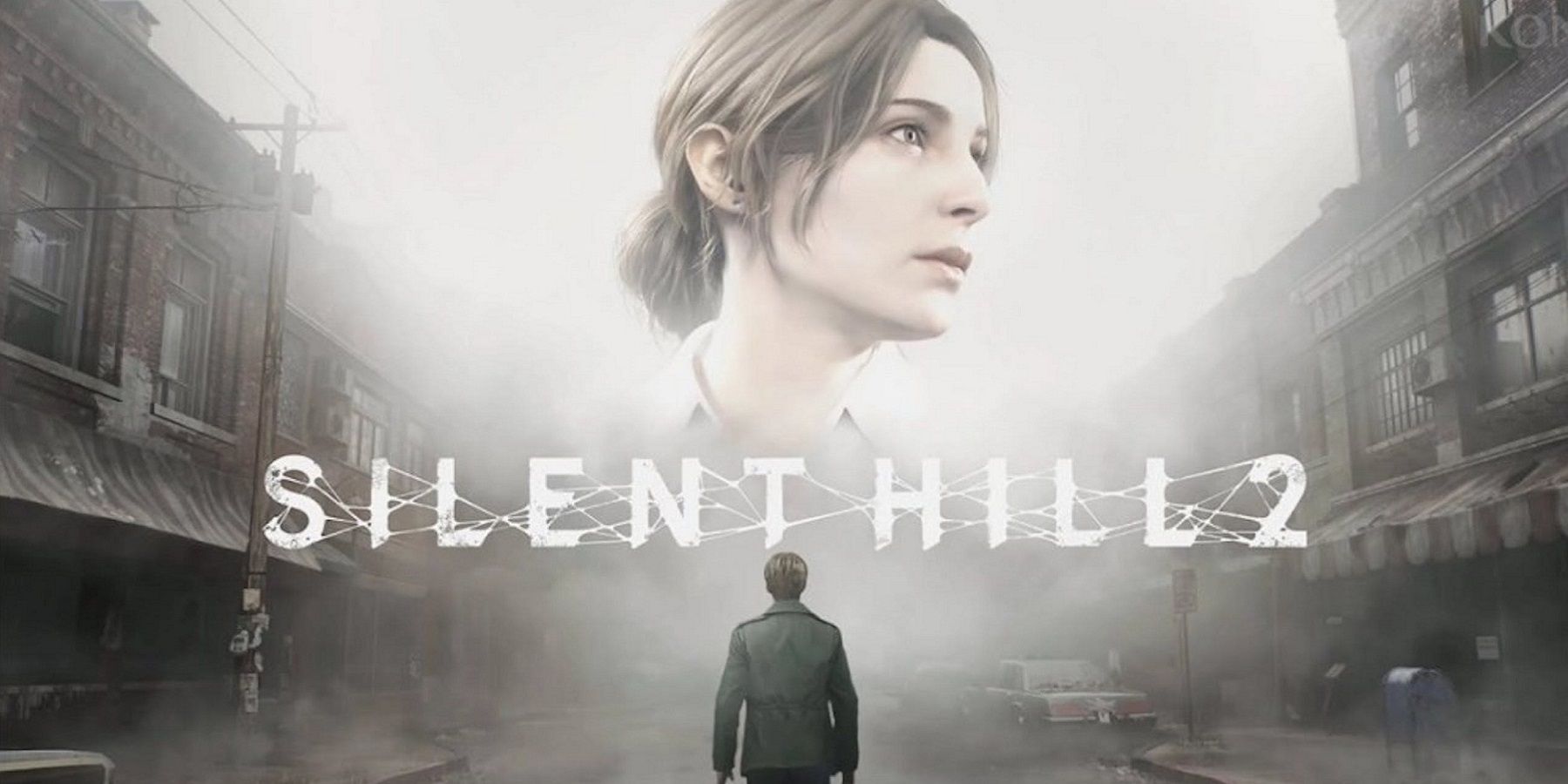 Image from the Silent Hill 2 remake showing James wandering the foggy town with a vision of Mary in the sky.