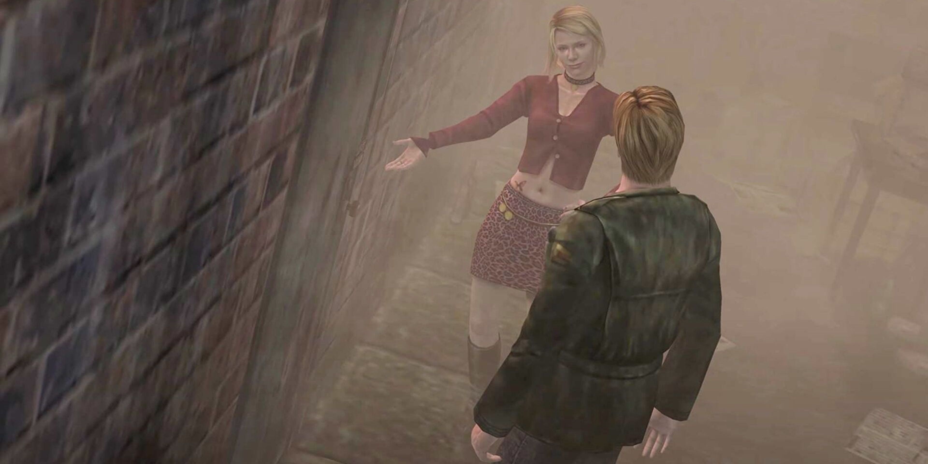 Maria and James talking while on the foggy streets in Silent Hill 2