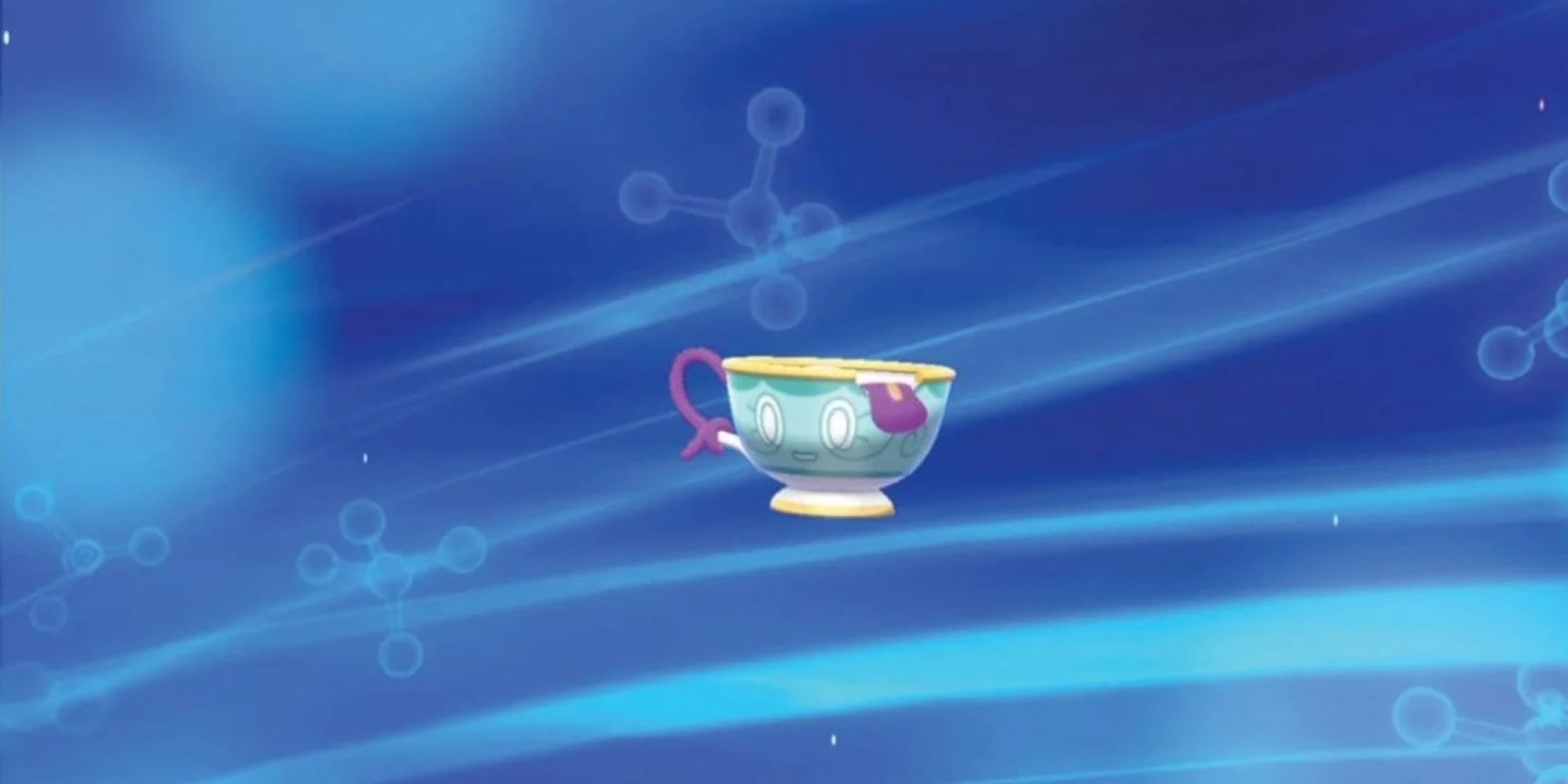 The Pokemon Sinistea on a blue background.