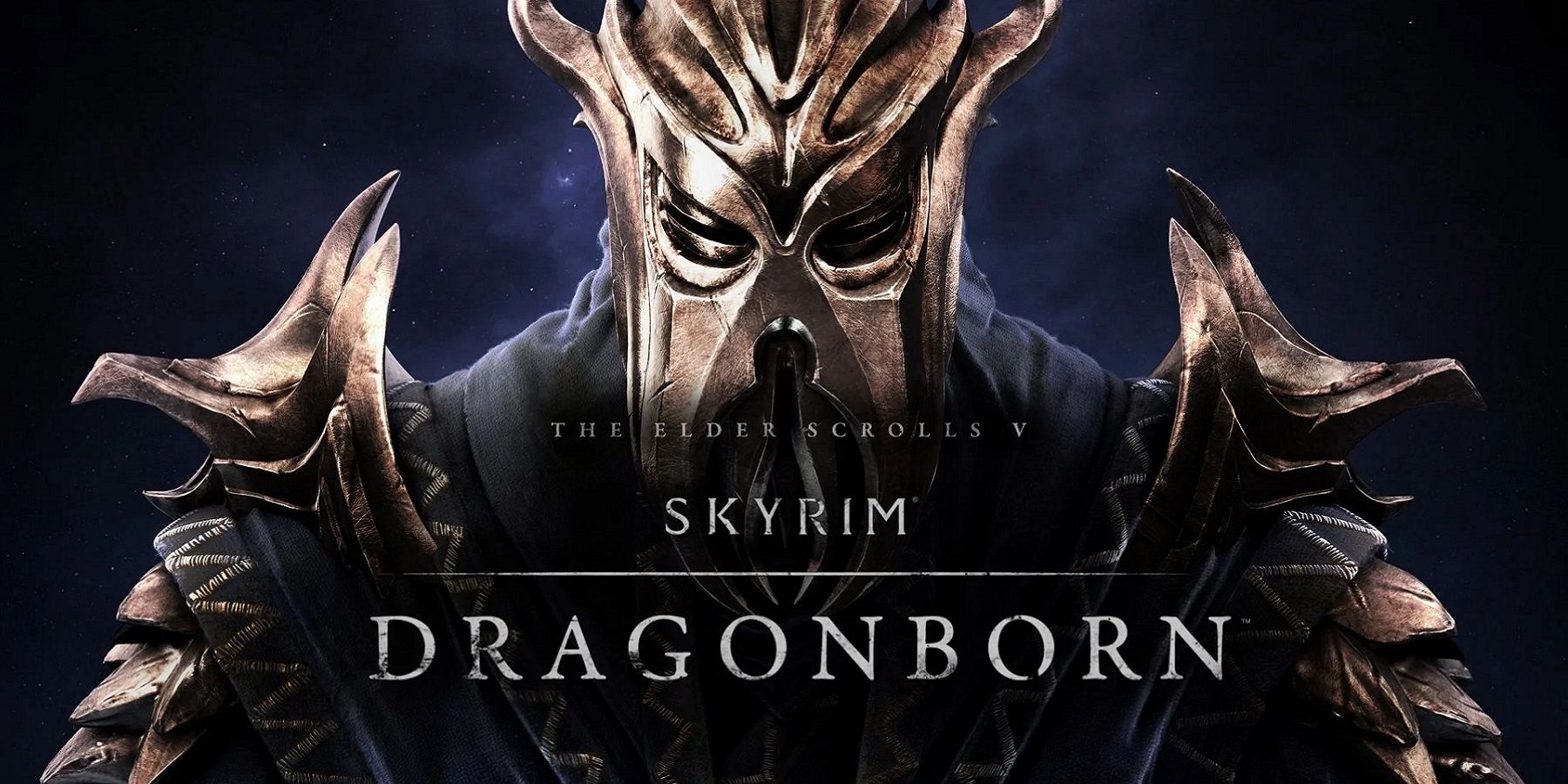 Image showing the Skyrim Dragonborn DLC title with the dragon priest Miraak behind it.