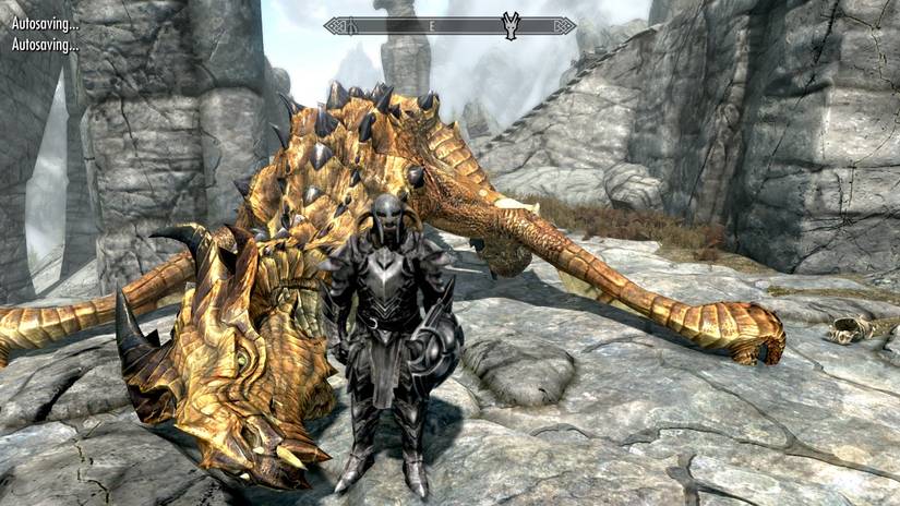 Image from Skyrim showing an armored Orc stood in front of a dead dragon.
