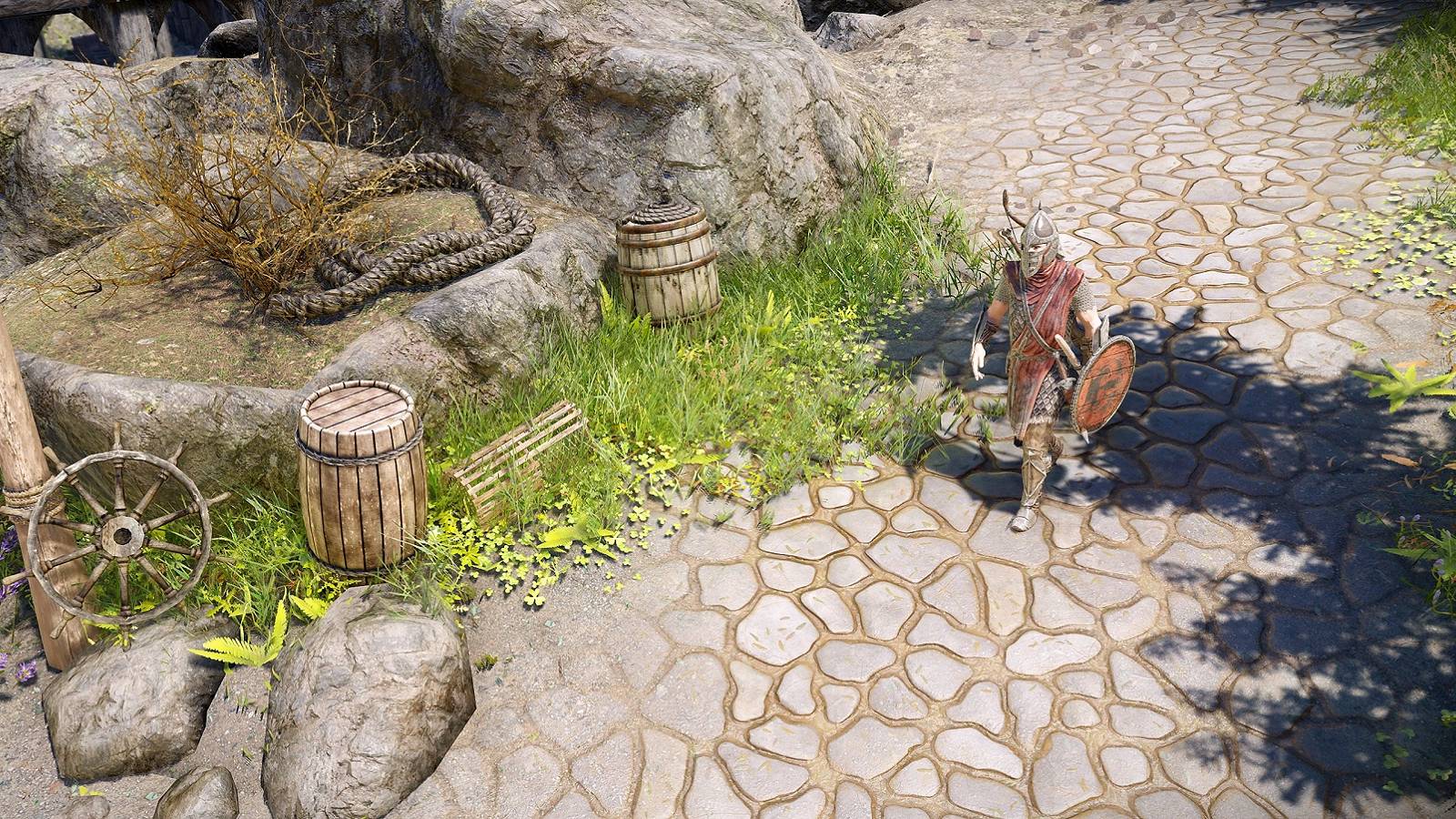 Screenshot from Skyrim showing a guard patrolling over a high-definition road.