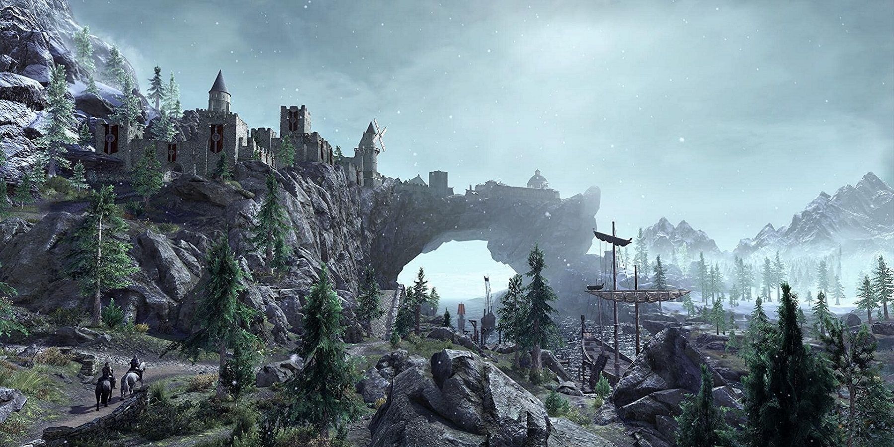Image from Skyrim showing the city of Solitude off in the distance, with the docks nearby.