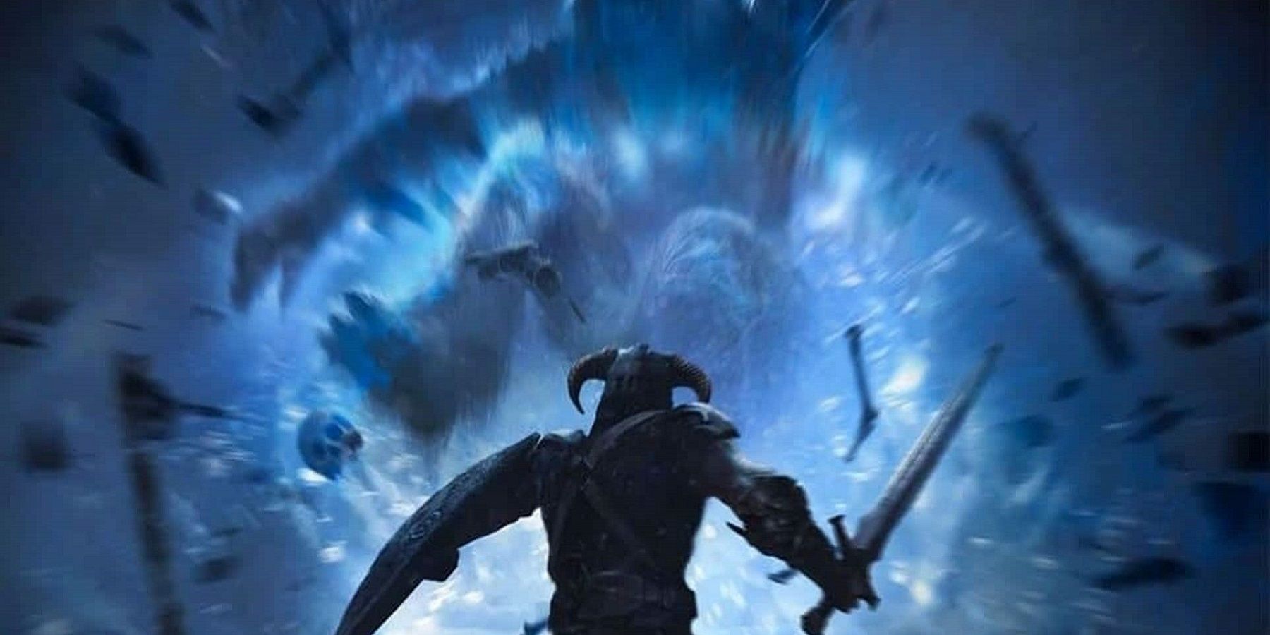 Синее изображение из Скайрима, на котором драконорождённый кричит на ледяного тролля.