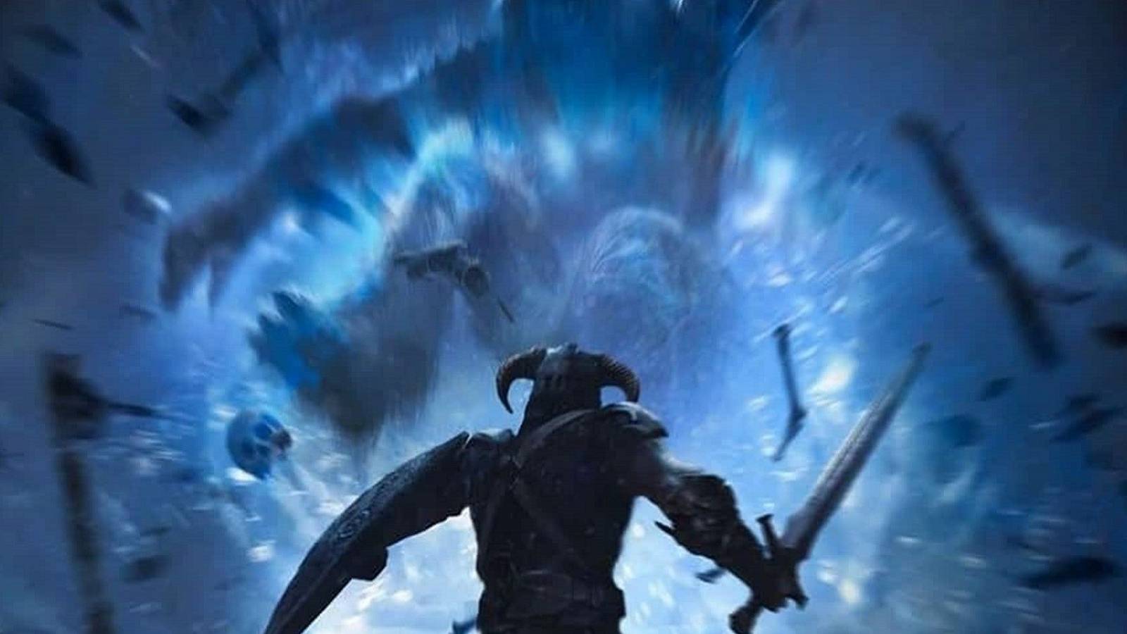 Blue image from Skyrim showing the Dragonborn shouting at a frost troll.