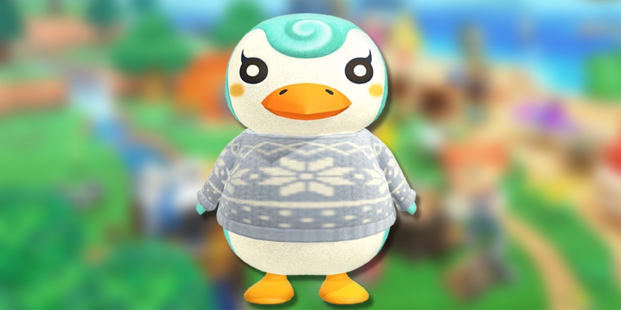 Посыпать, кремовый пингвин с голубыми завитками, на размытом зеленом фоне.