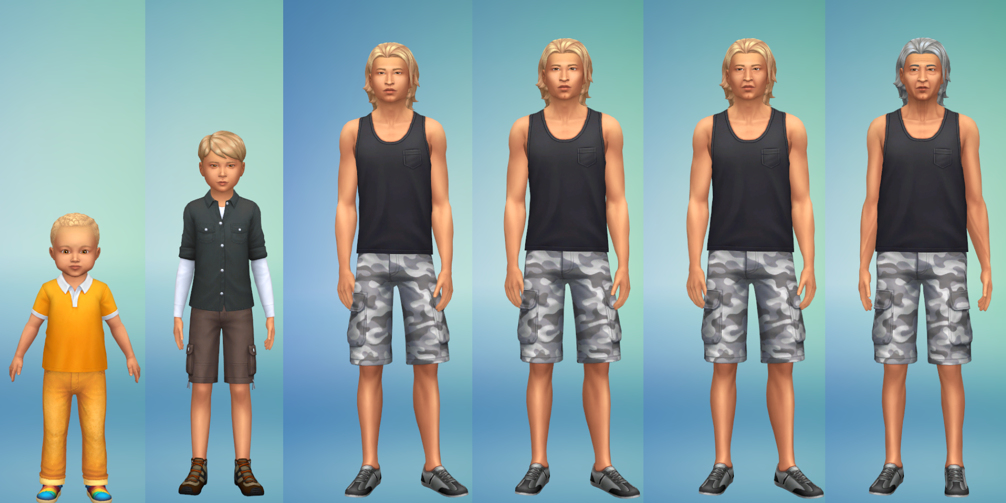 A six-way split grid of a sim from The Sims 4 at each life stage.