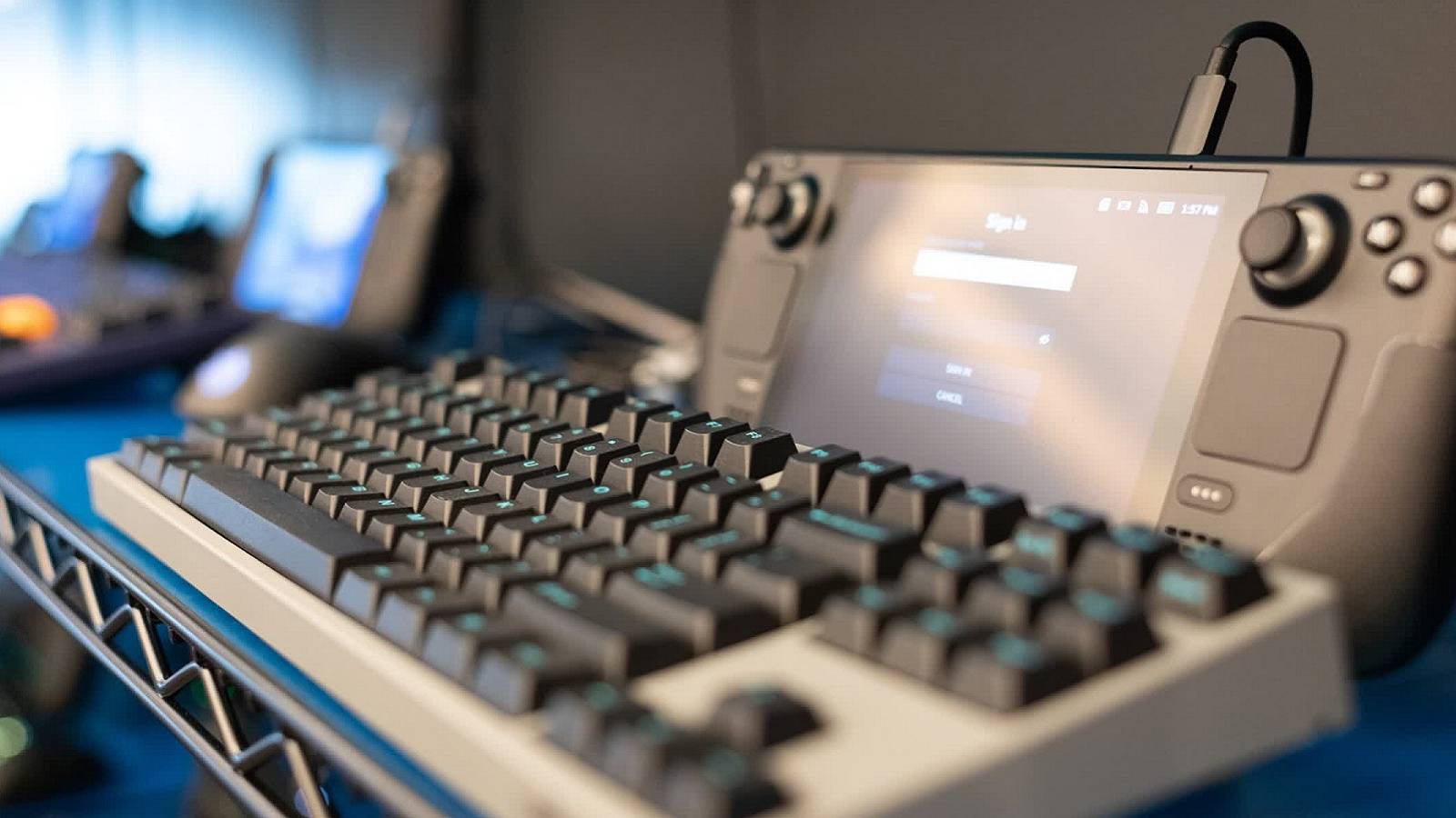 A photo of a Valve Steam Deck with a keyboard attached to it.