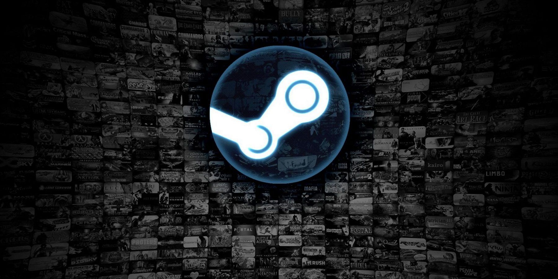 Логотип Steam на фоне черно-белого коллажа из экранов видеоигр.