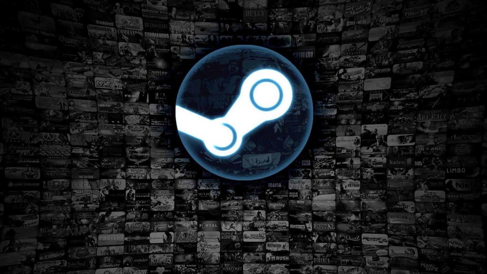 The Steam logo infront of a black and white collage of video game tite screens.
