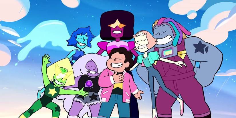 Peridot, Amethyst, Lapis, Garnet, Steven, Pearl and Bismuth from Steven Universe