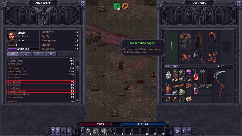 An unidentified enchanted item is equipped and two stats are highlighted in the Character window, Bleed Chance (4%) and Knockback Chance (8%).