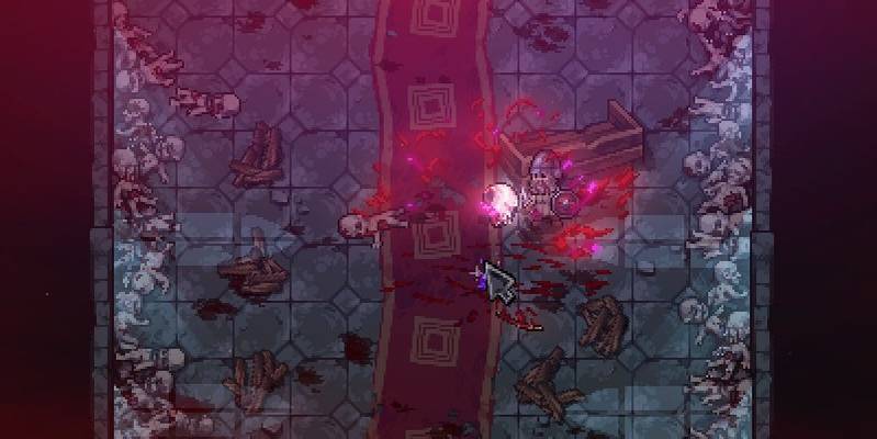 the character is covered in blood and surrounded by corpses