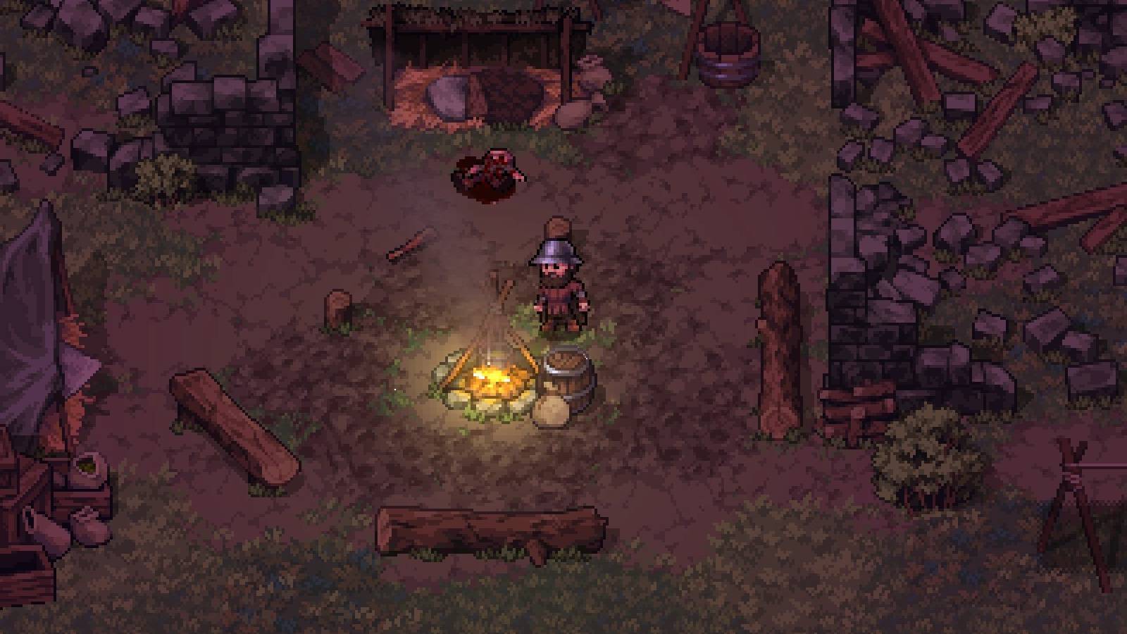 a presumably happy character sitting next to a fire