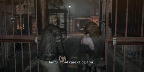 Leon and Helena with their weapons drawn as they slowly approach a street in Tall Oak in Resident Evil 6