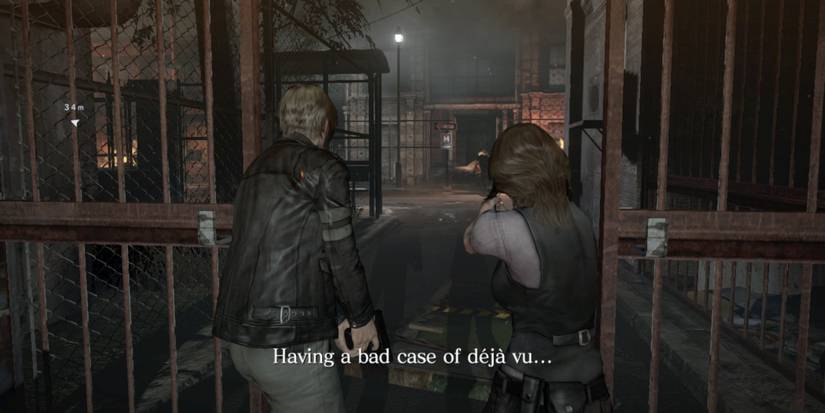 Leon and Helena with their weapons drawn as they slowly approach a street in Tall Oak in Resident Evil 6