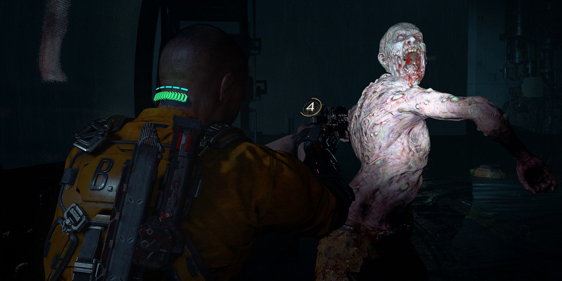 Screenshot from The Callisto Protocol showing protagonist Jacob Lee abot to shoot a monster.