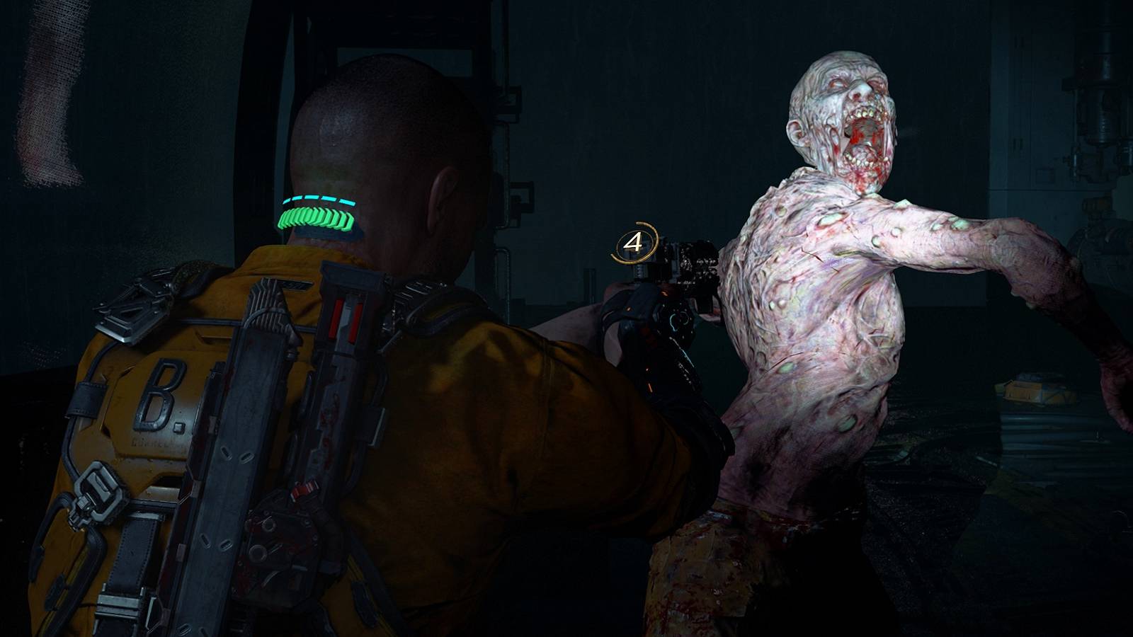 Screenshot from The Callisto Protocol showing protagonist Jacob Lee abot to shoot a monster.