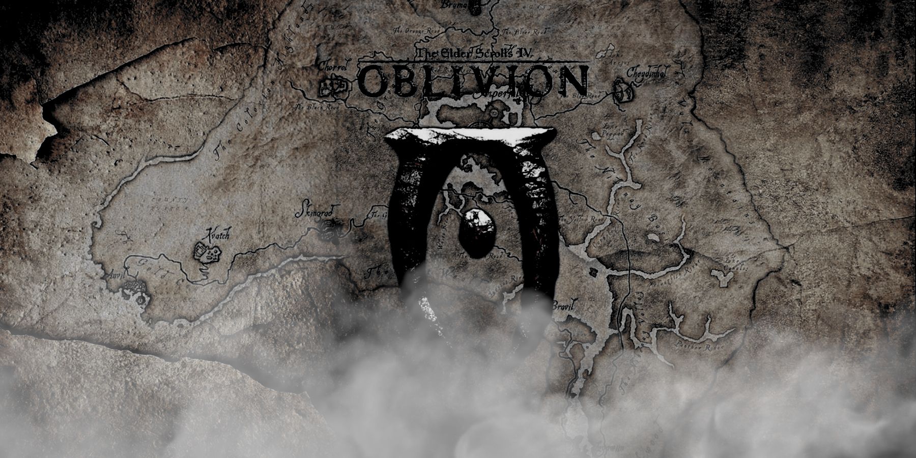 A spooky version of the Oblivion logo with dark lighting and fog.