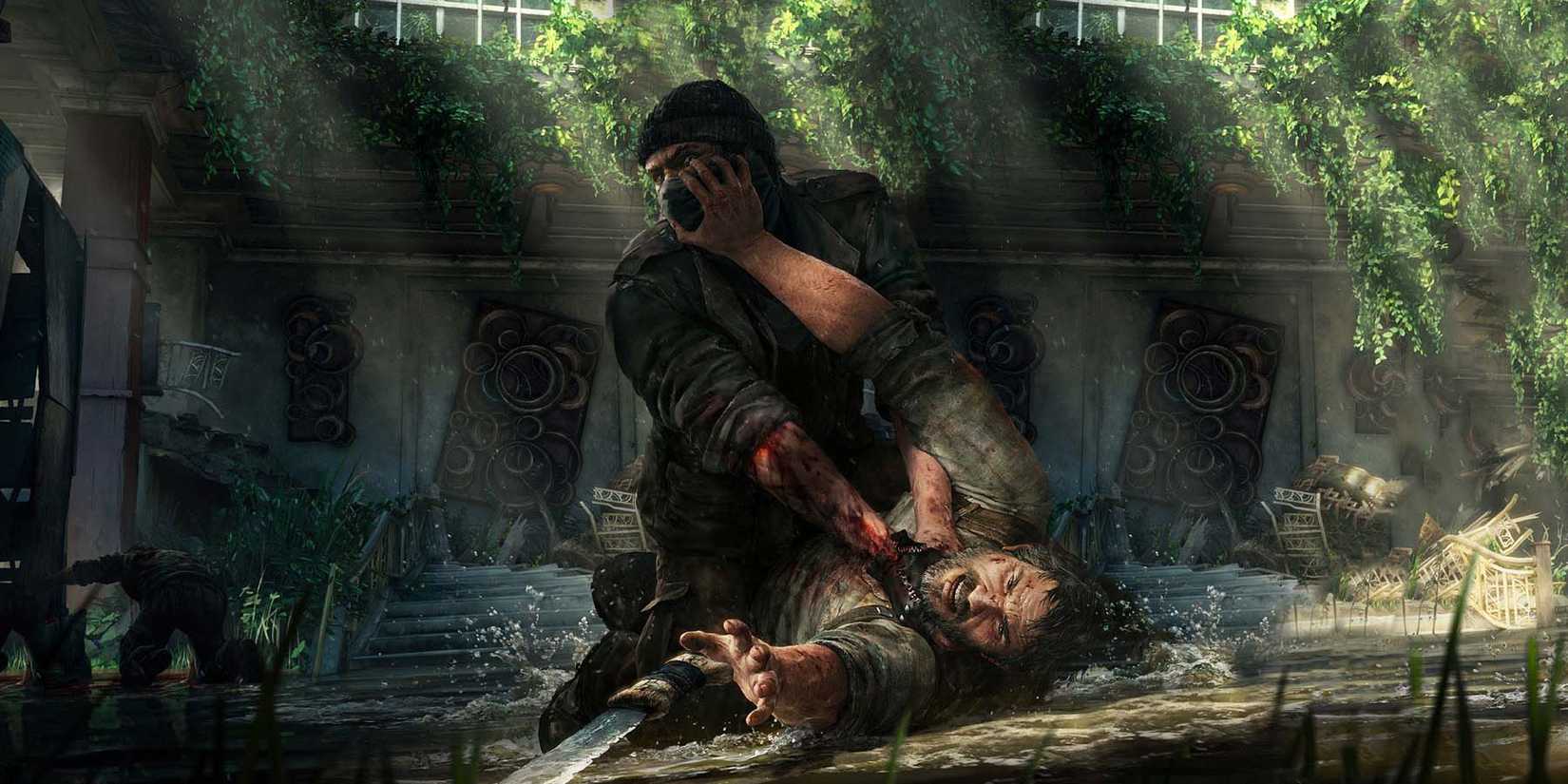 Joel being choked out by a human in The Last of Us