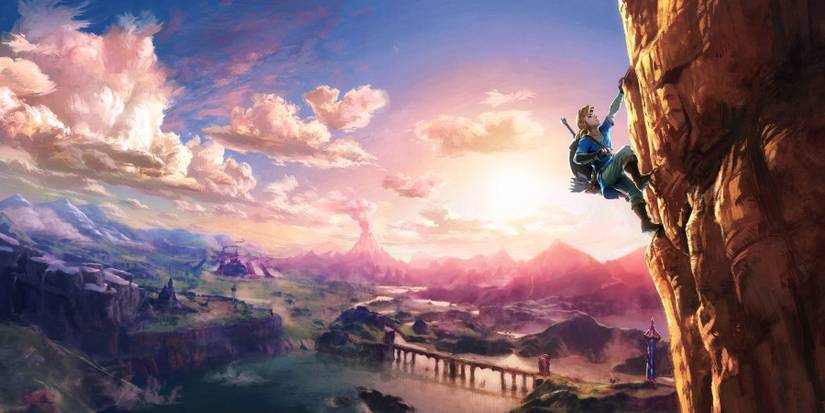 the legend of zelda breath of the wild artwork link climbing mountain cliff