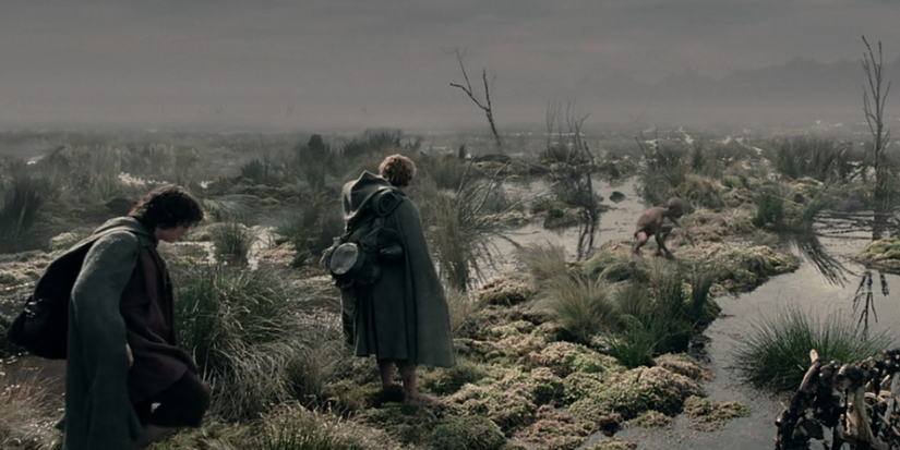 frodo, sam and gollum at the dead marches