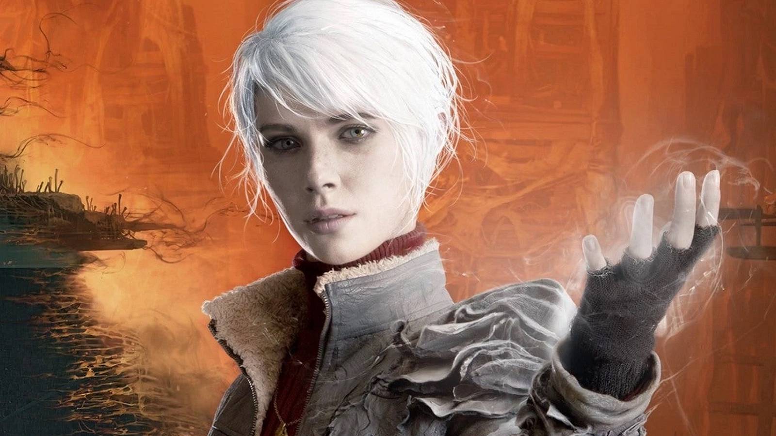 Image from The Medium showing Marienne holding up her hand, all on an orange background.