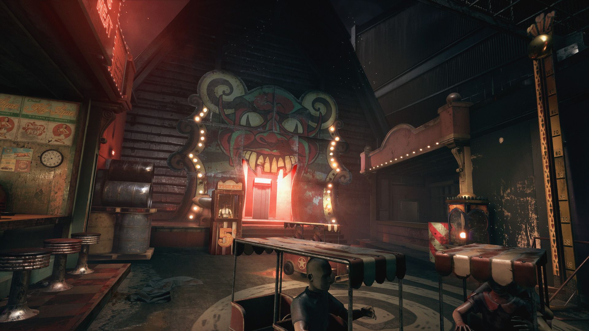 Image from The Outlast Trials showing a creepy carnivalesque scene.