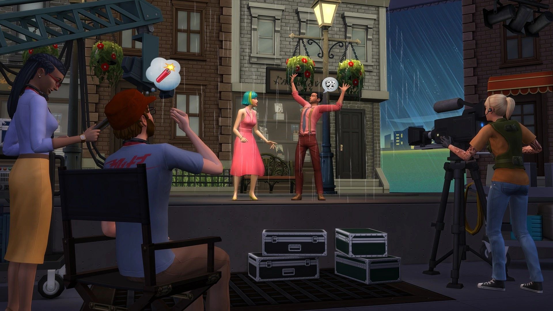 Screenshot of The Sims 4, with two actors on setbeing filmed.