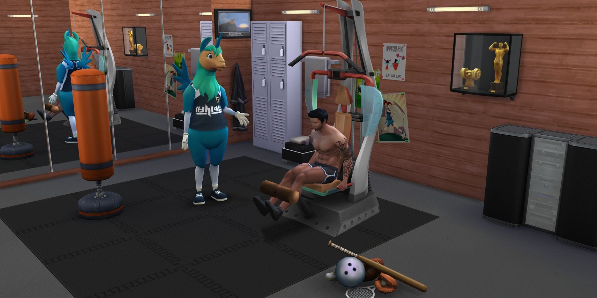 Screenshot of a gym in The Sims 4, with a Sim working out.