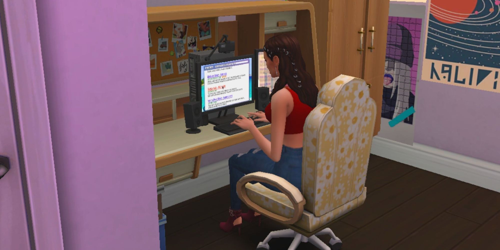 Screenshot of a Sim using a computer in a pink bedroom in The Sims 4.