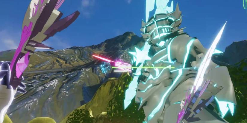 VR first person of player facing off against one of the 8 bosses, a knight in grey and blue armor