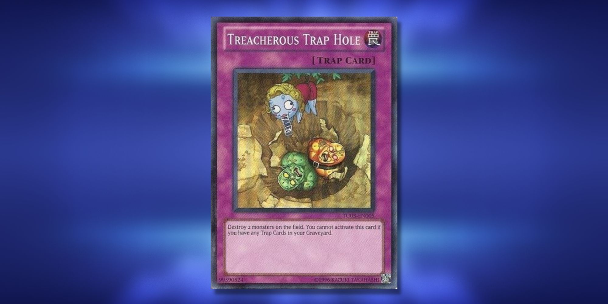 Yu-Gi-Oh card Treacherous Trap Hole on a blurred blue background.