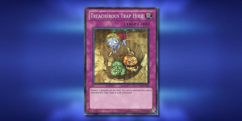 Yu-Gi-Oh card Treacherous Trap Hole on a blurred blue background.