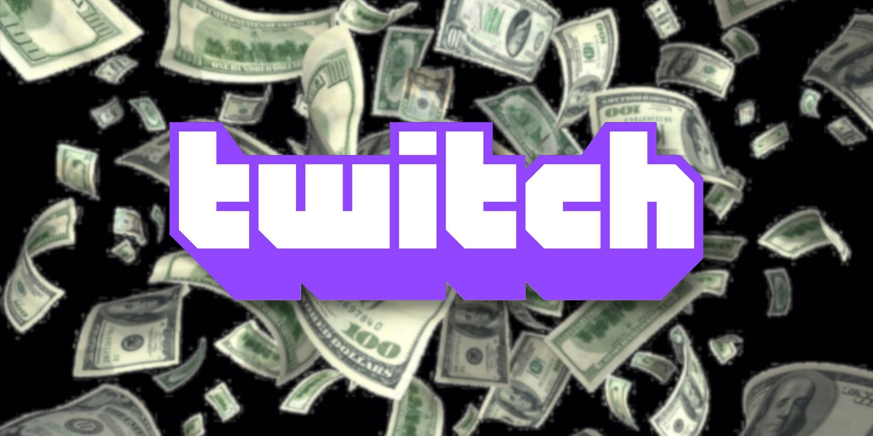 The Twitch logo with money falling behind it, all on a black background.