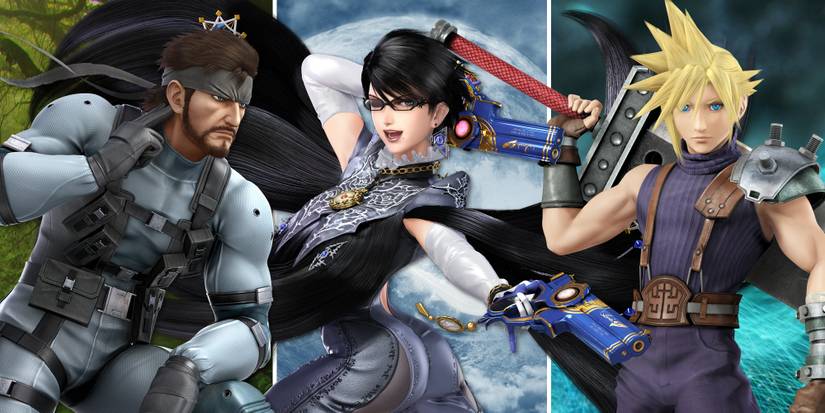 Solid Snake, Bayonetta, and Cloud stand in a line