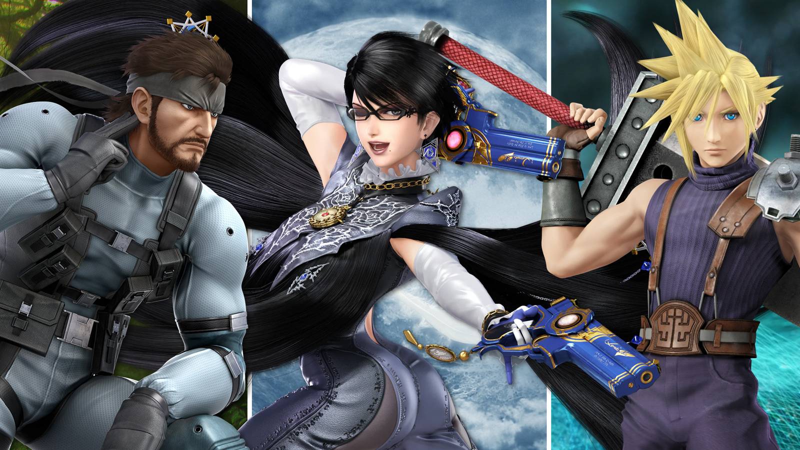 Solid Snake, Bayonetta, and Cloud stand in a line