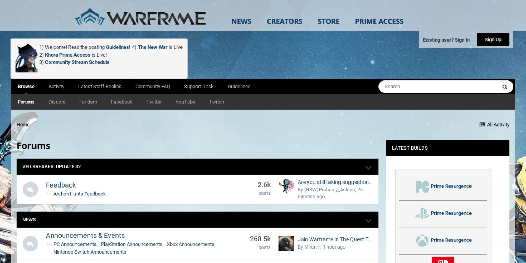 The home page of the Warframe forums
