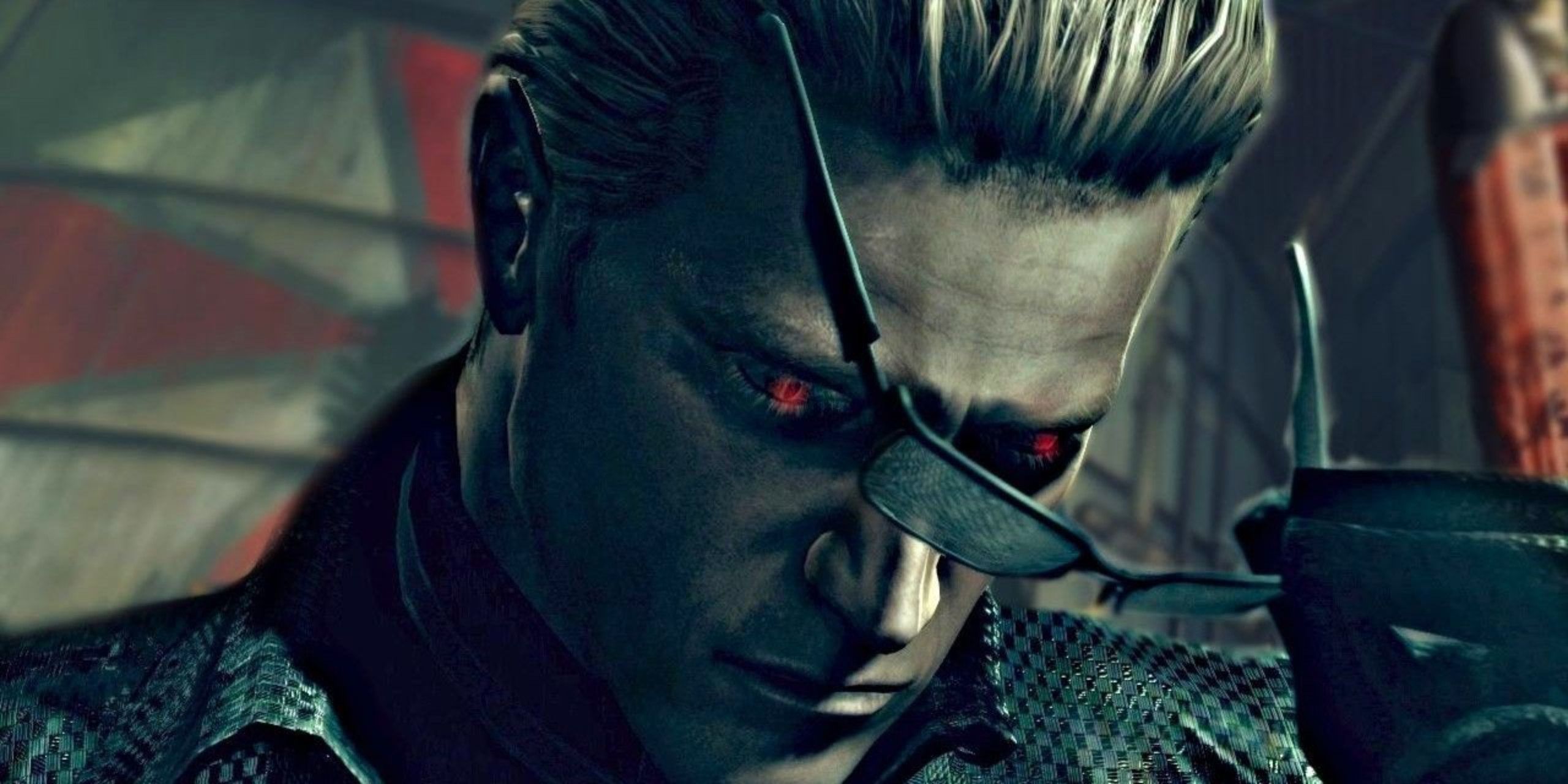 Wesker taking off his shades revealing his glowing red eyes with the Umbrella Corp logo in the background
