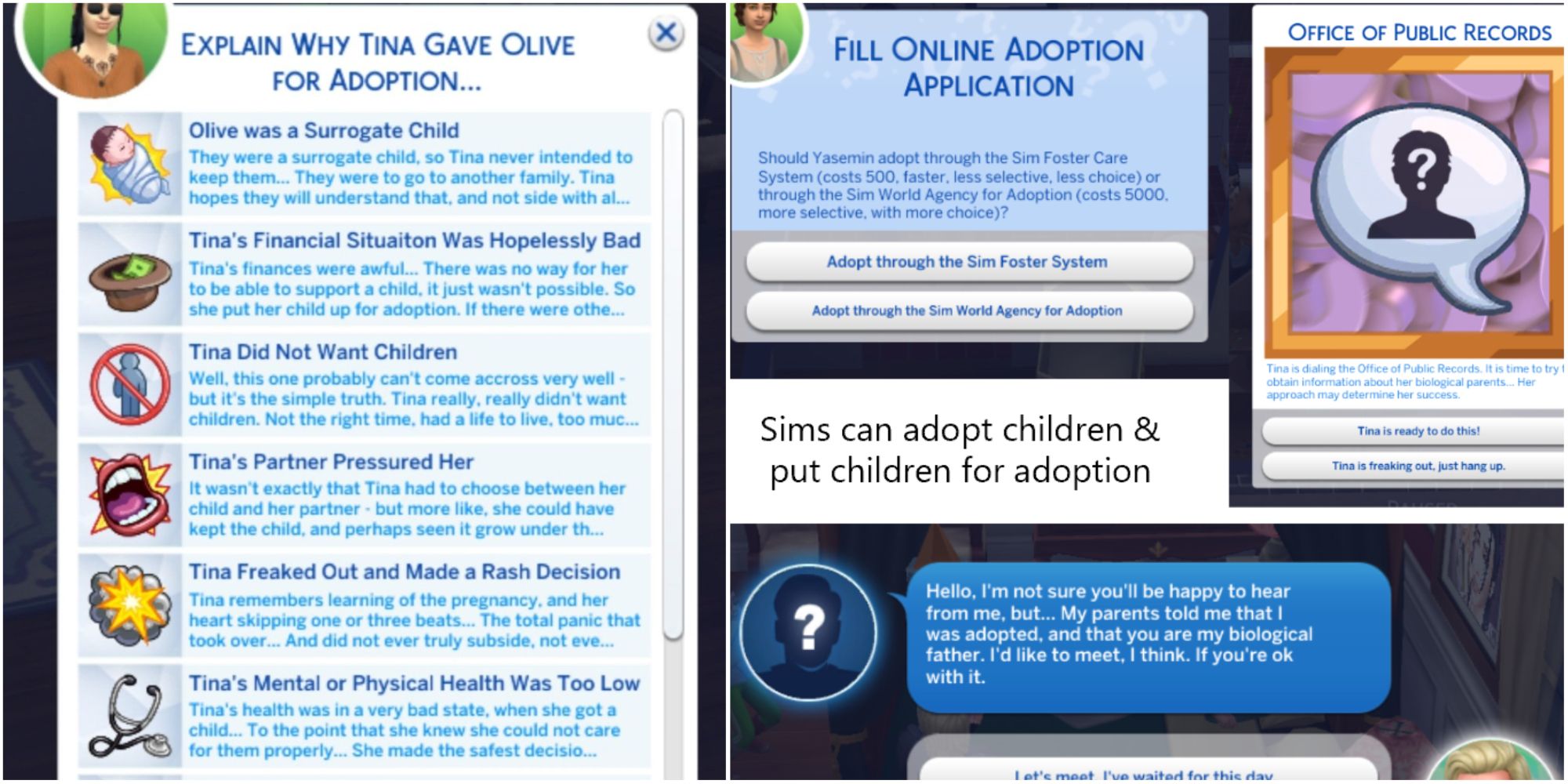 Split grid image of two menus from The Sims 4.