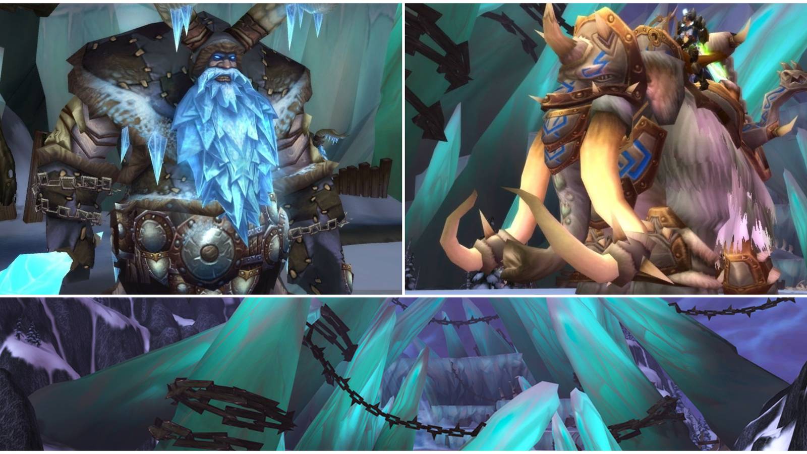 Son of Hodir and player riding an Ice Mammoth in Dun Niffelem