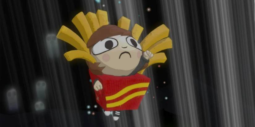 wren wearing the french fry costume in battle
