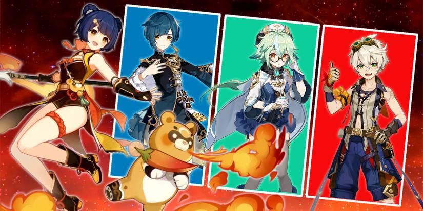 xiangling, xingqiu, sucrose, and bennett in genshin impact