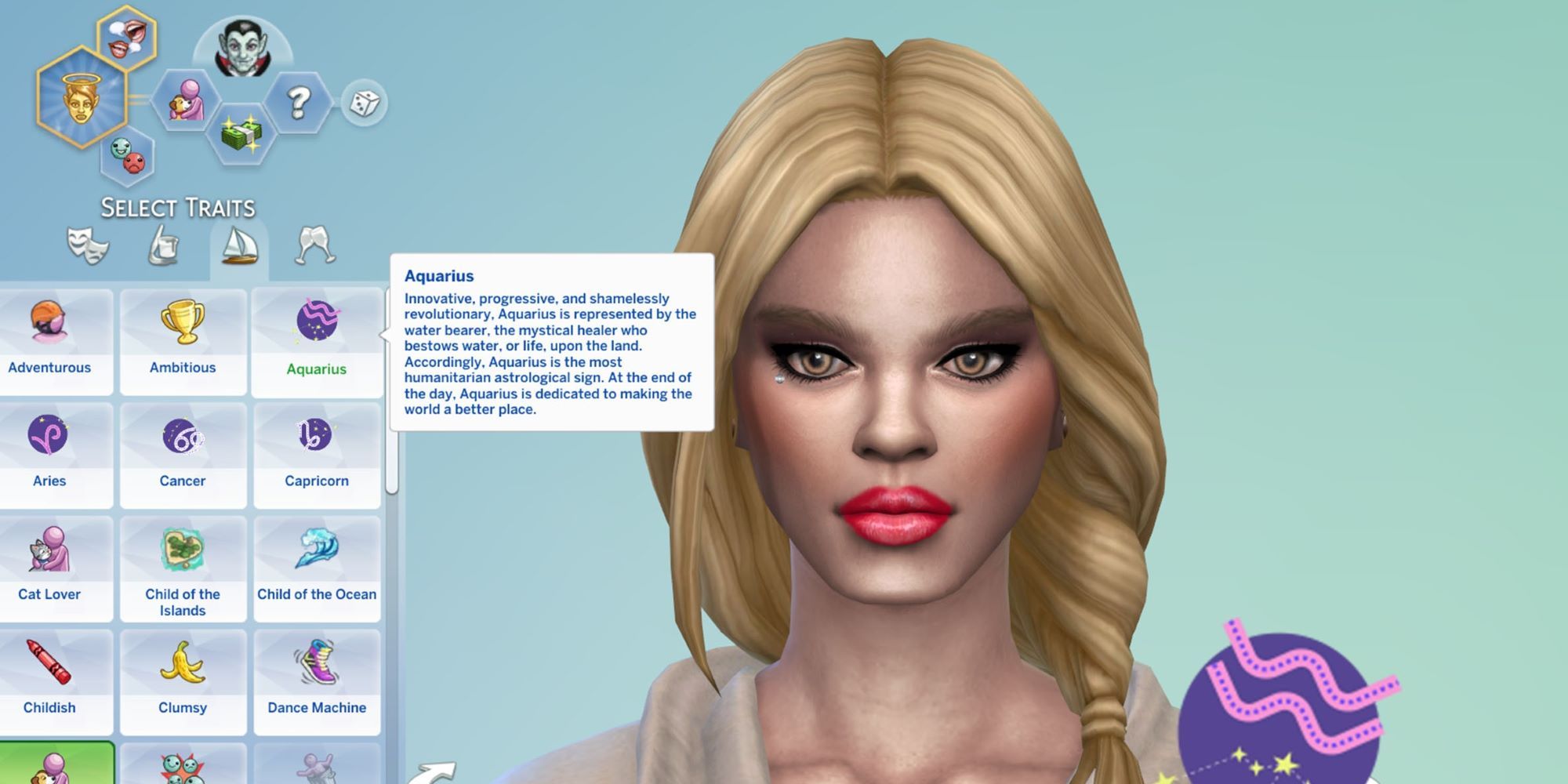 Screenshot of The Sims 4 Create-A-Sim mode.