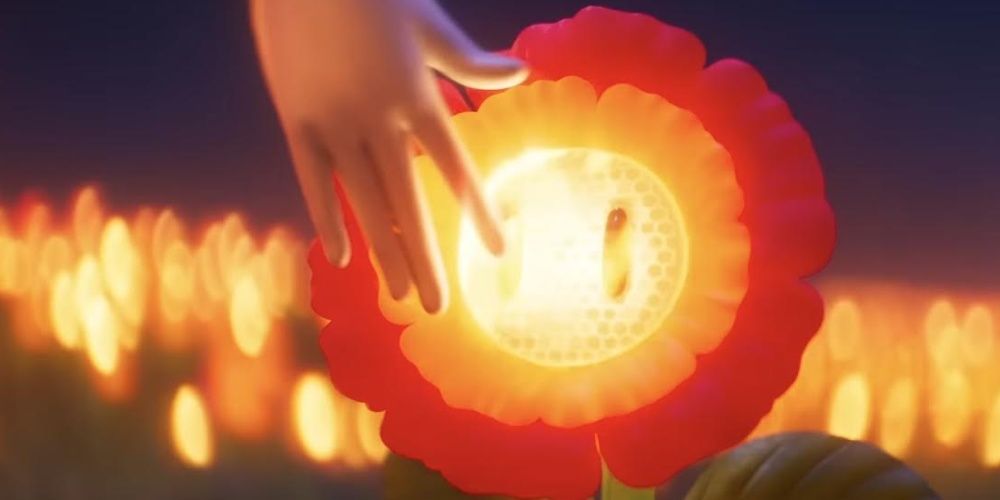 princess peach touching fire flower in super mario bros movie